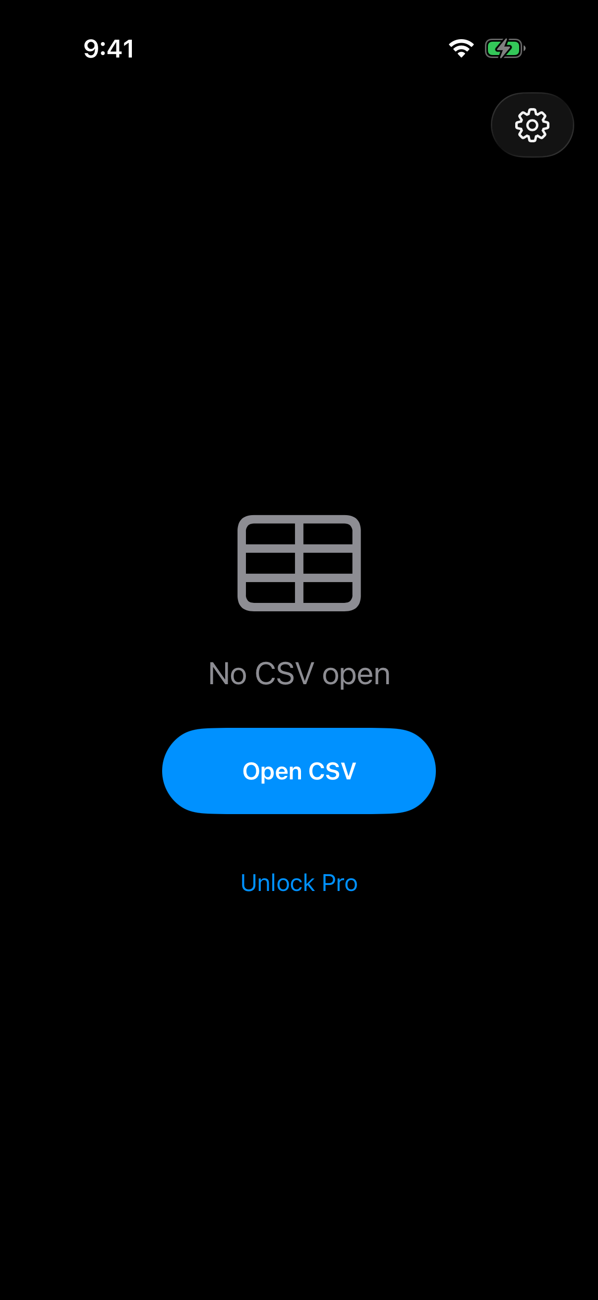 Empty state with an Open CSV button and a settings gear in the corner.